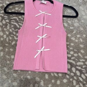 Pink Ribbed Sleeveless Top with Bow Accents
